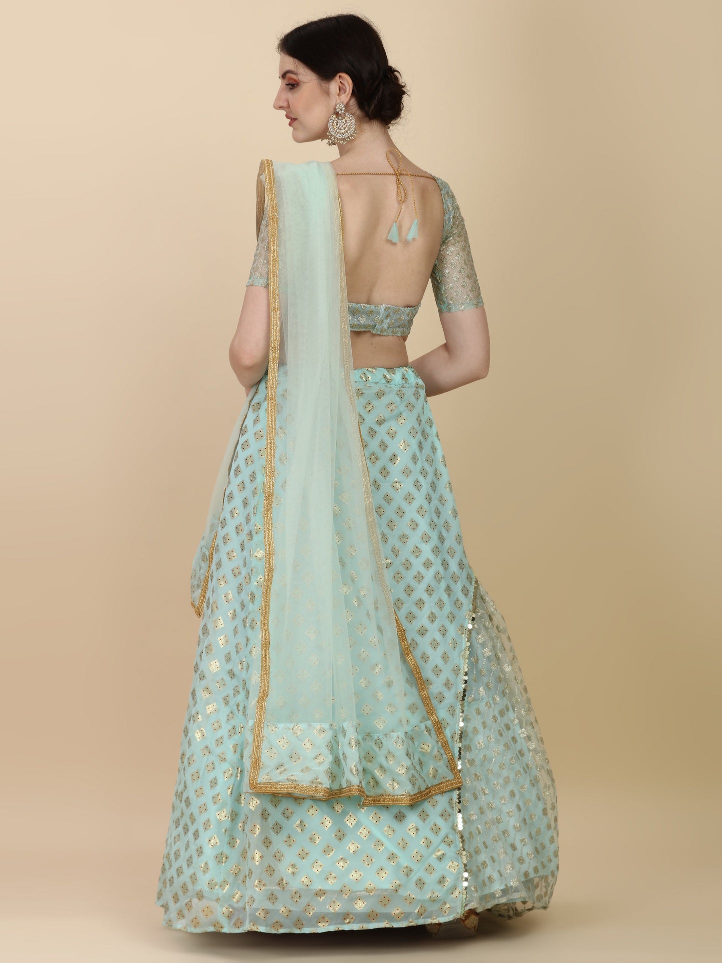 Ruffle Style Sky Blue Color Chinon Satin With Net Lehenga Choli