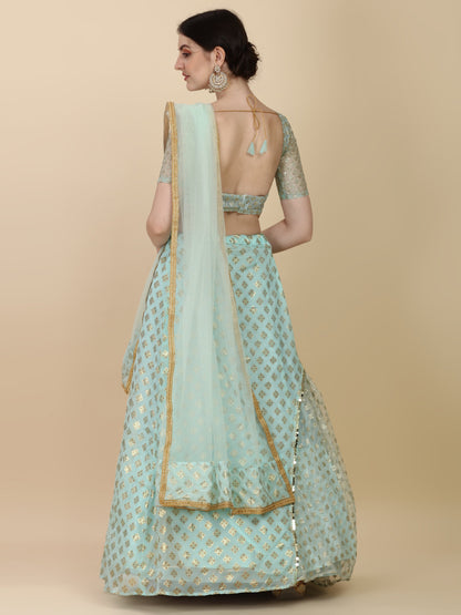 Ruffle Style Sky Blue Color Chinon Satin With Net Lehenga Choli
