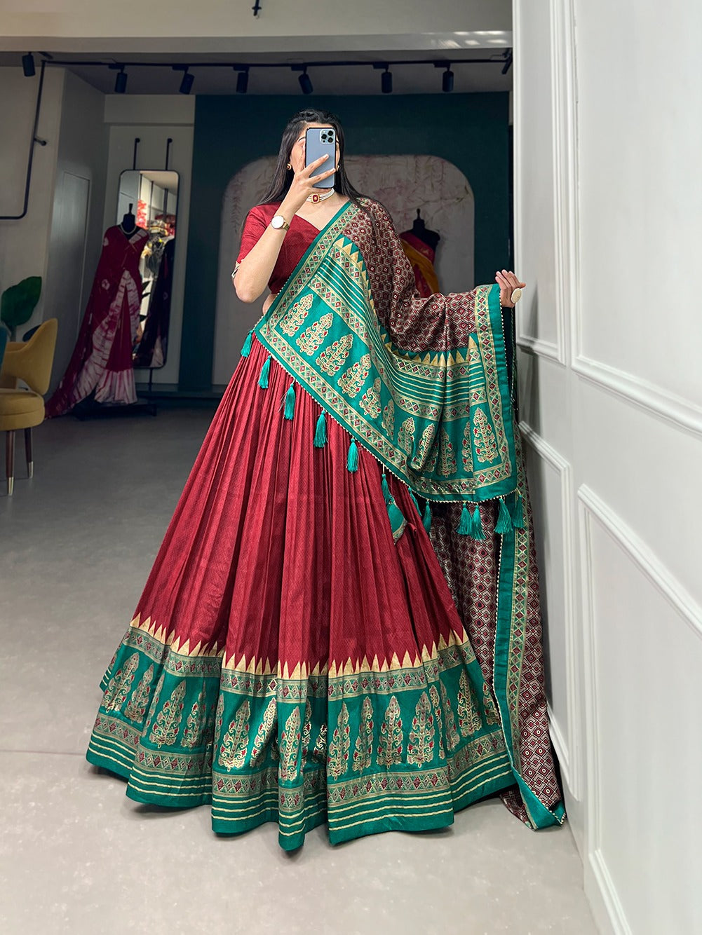 Innovative Tussar Silk Red Color Lehenga Choli