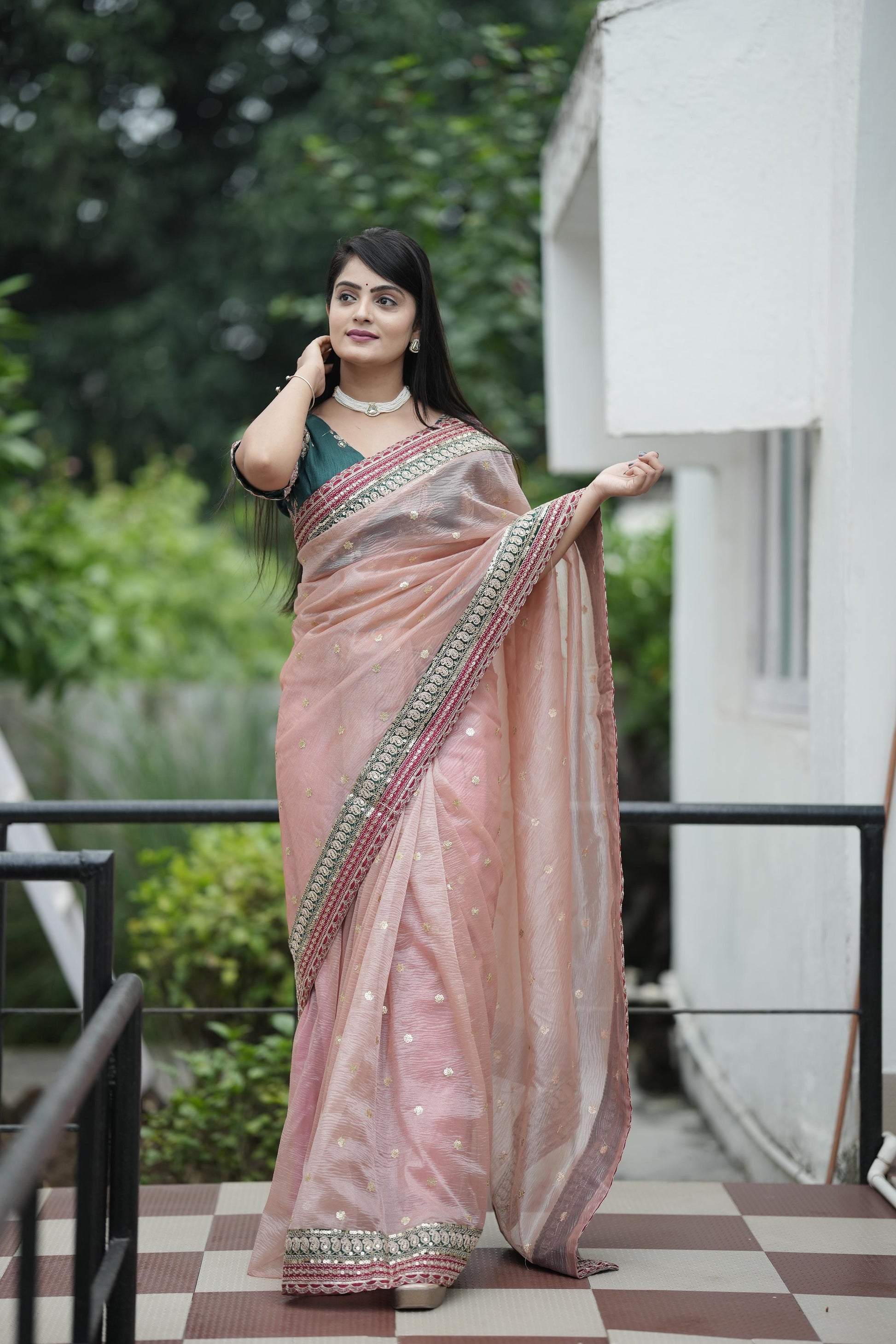 Party Wear Embroidery Work Peach Color Designer Saree