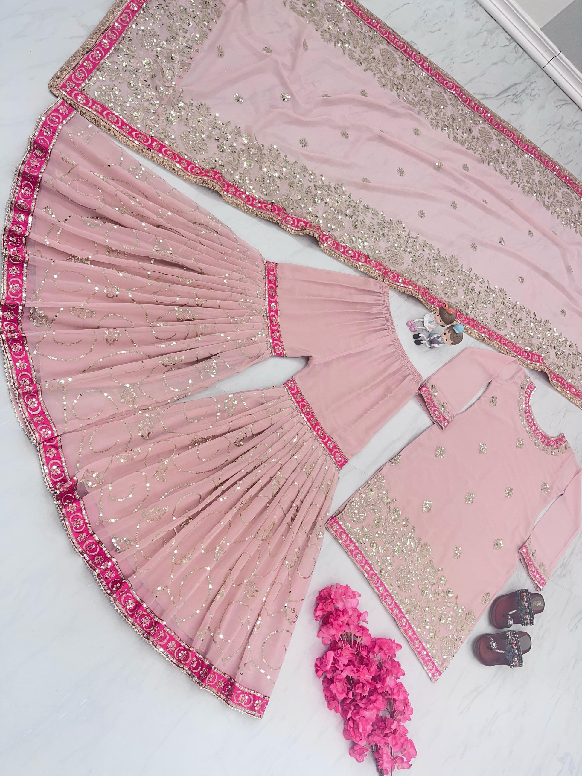 Festive Wear Sequence Work Pink Sharara Suit