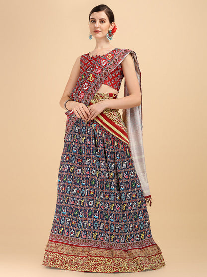 Digital Printed Awesome Navy Blue & Red Color Crushed Lehenga Choli