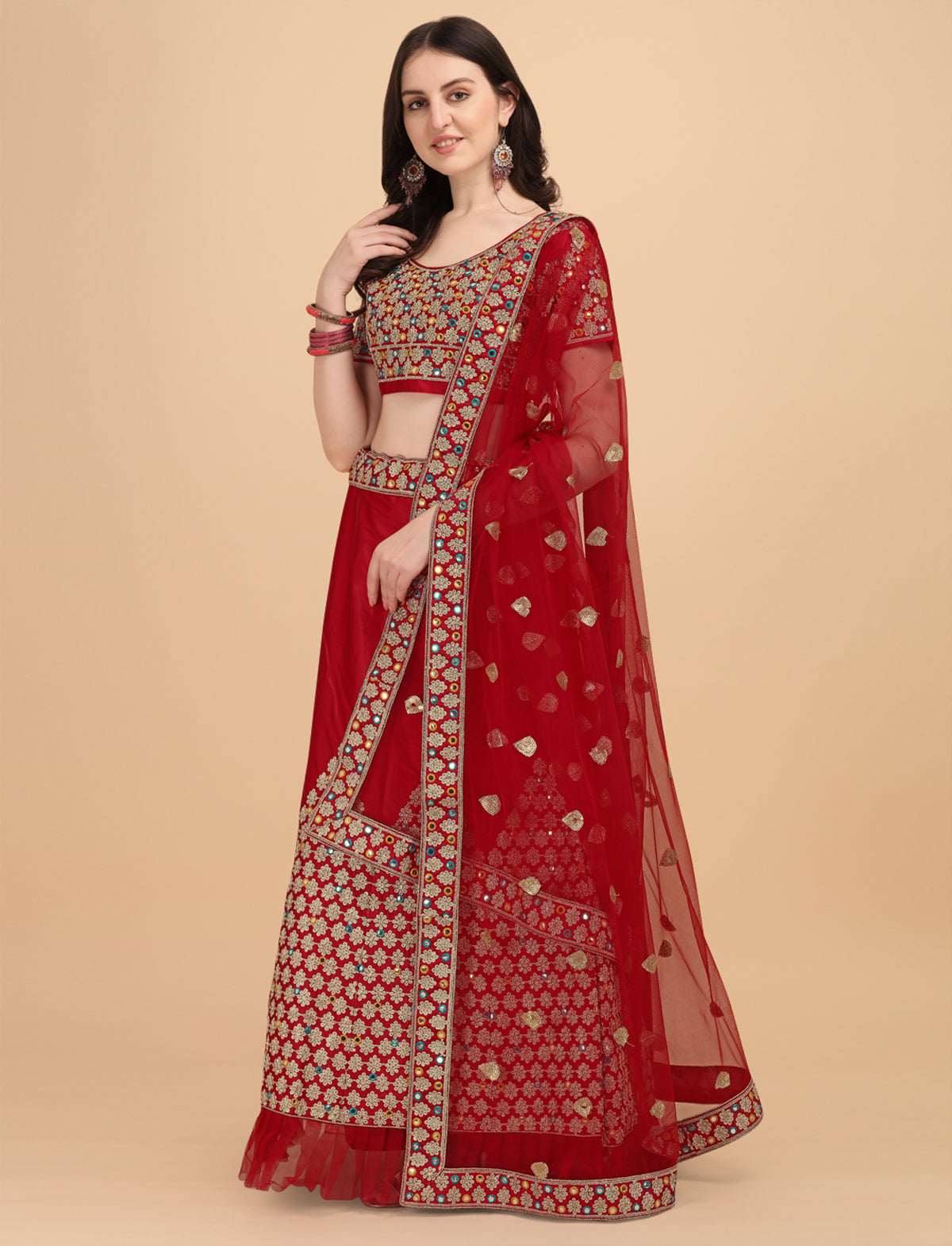 Designer Red Color Sequence & Mirror Work Satin Silk Lehenga choli