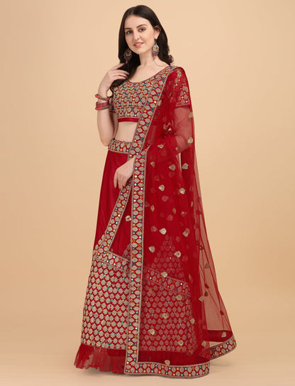 Designer Red Color Sequence & Mirror Work Satin Silk Lehenga choli