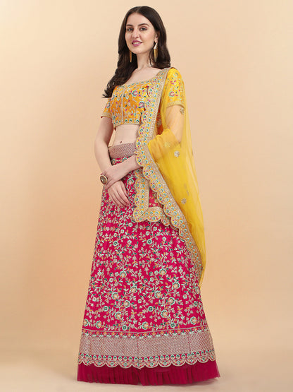 Yellow With Pink Color Sequence Embroidered Work Silk Lehenga Choli