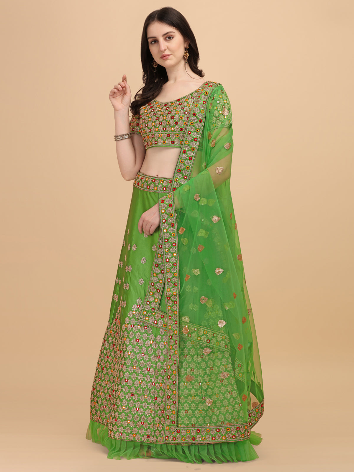 Designer Light Green Color Sequence & Mirror Work Satin Silk Lehenga choli