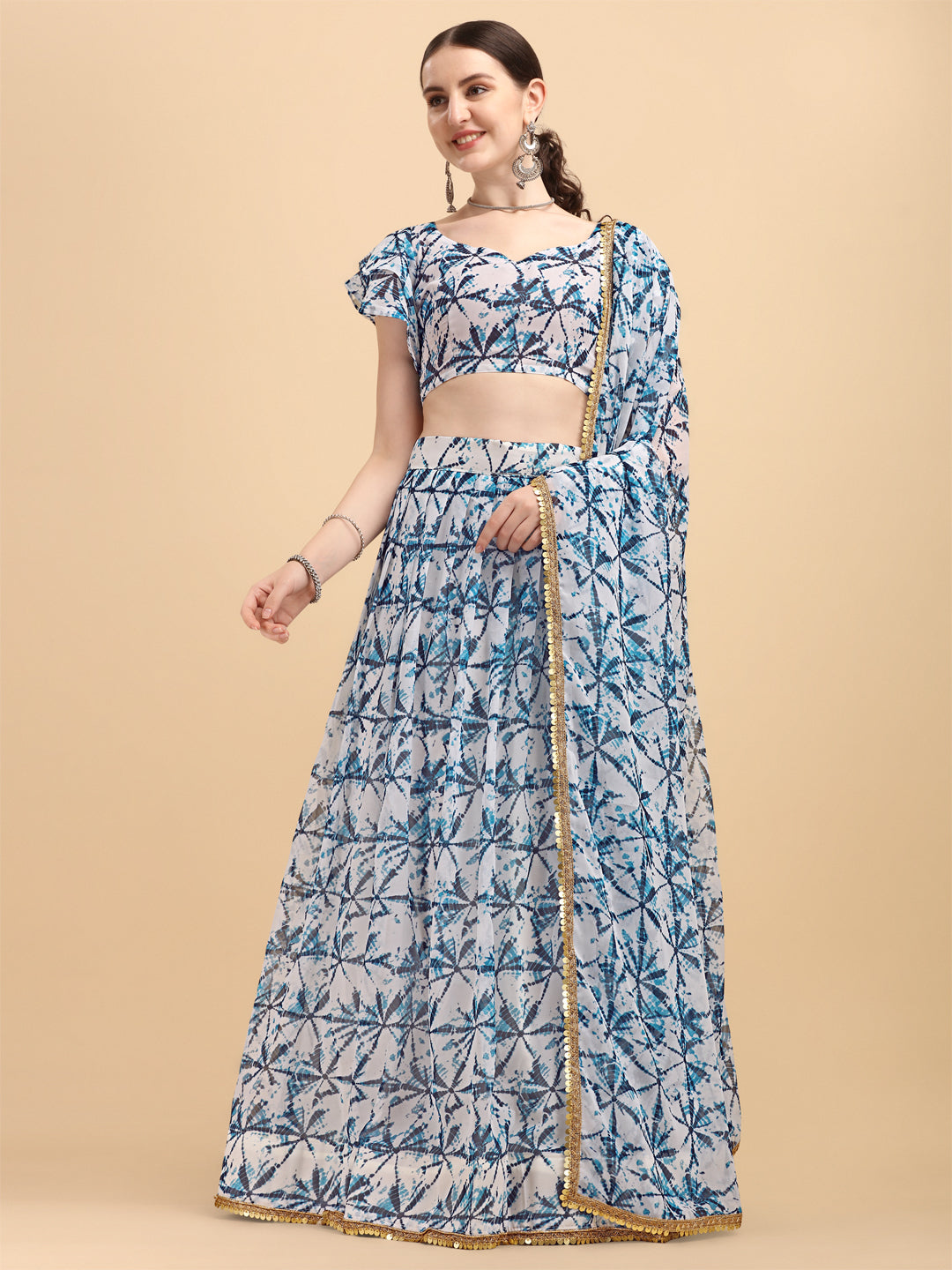 White And Blue Color Shibori Print Lehenga Choli