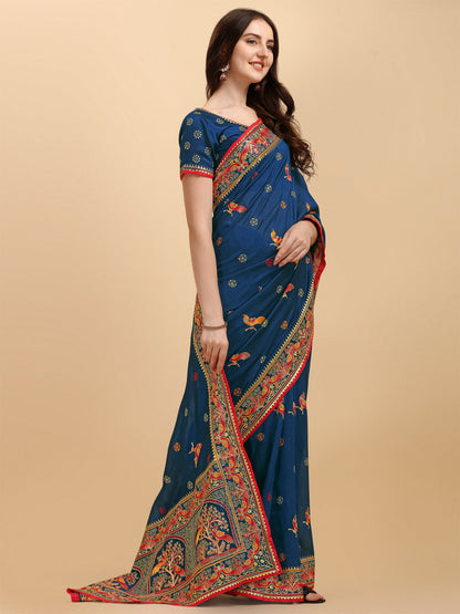 Party Wear Navy Blue Color Embroidered Work Vichitra Silk Saree