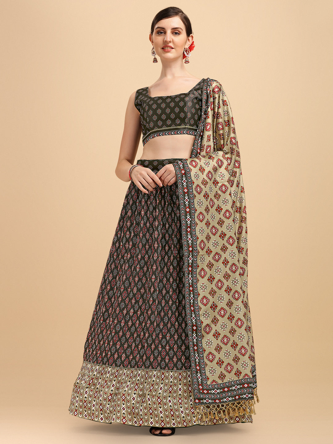 Black & Cream Color Digital Printed Crushed Lehenga Choli