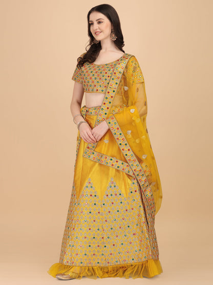Designer Yellow Color Sequence & Mirror Work Satin Silk Lehenga choli