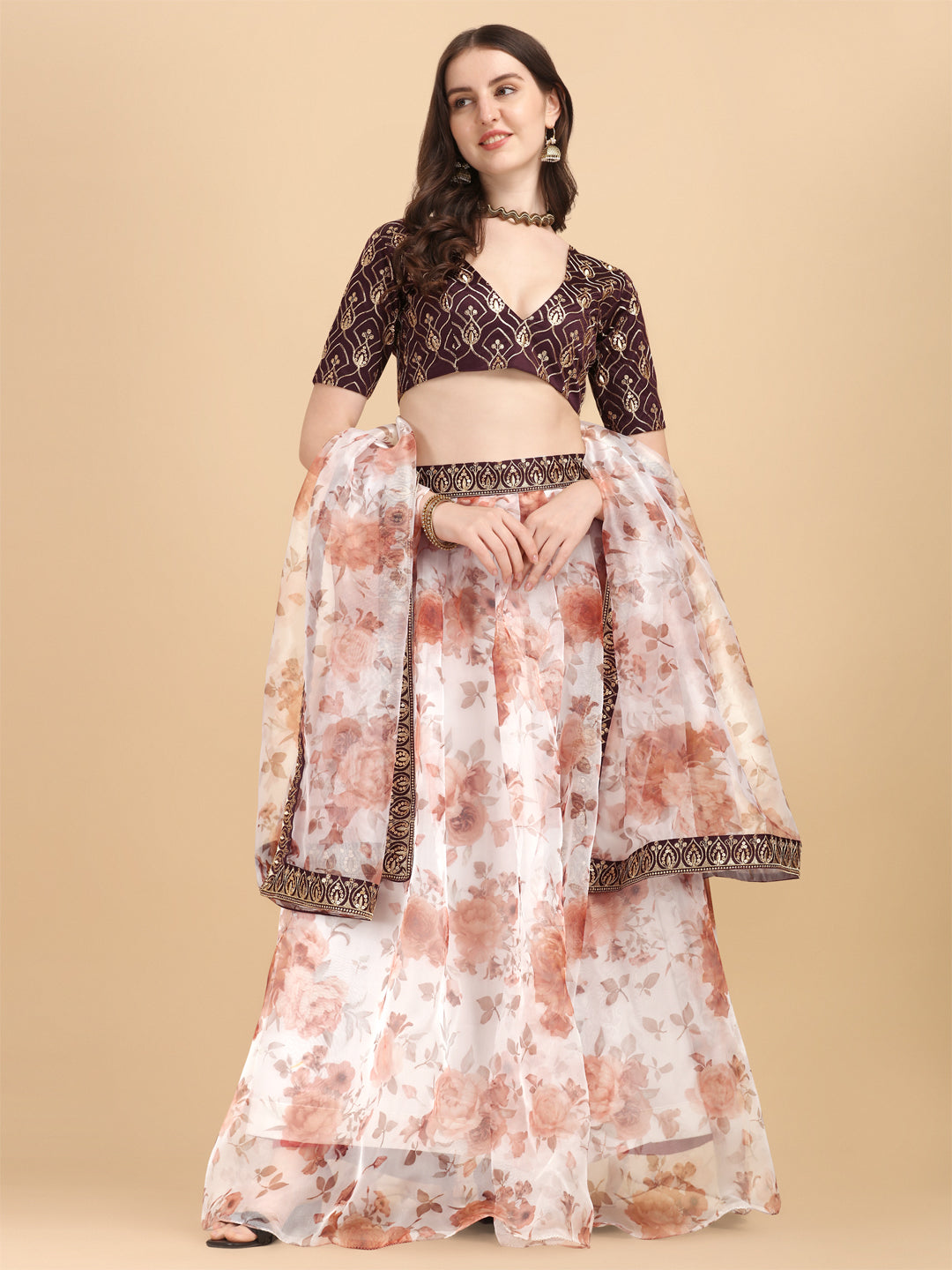 Digital Printed White & Coffee Color Organza Lehenga Choli