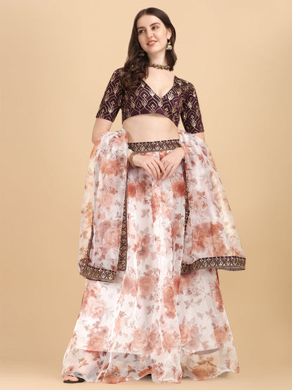 Digital Printed White & Coffee Color Organza Lehenga Choli