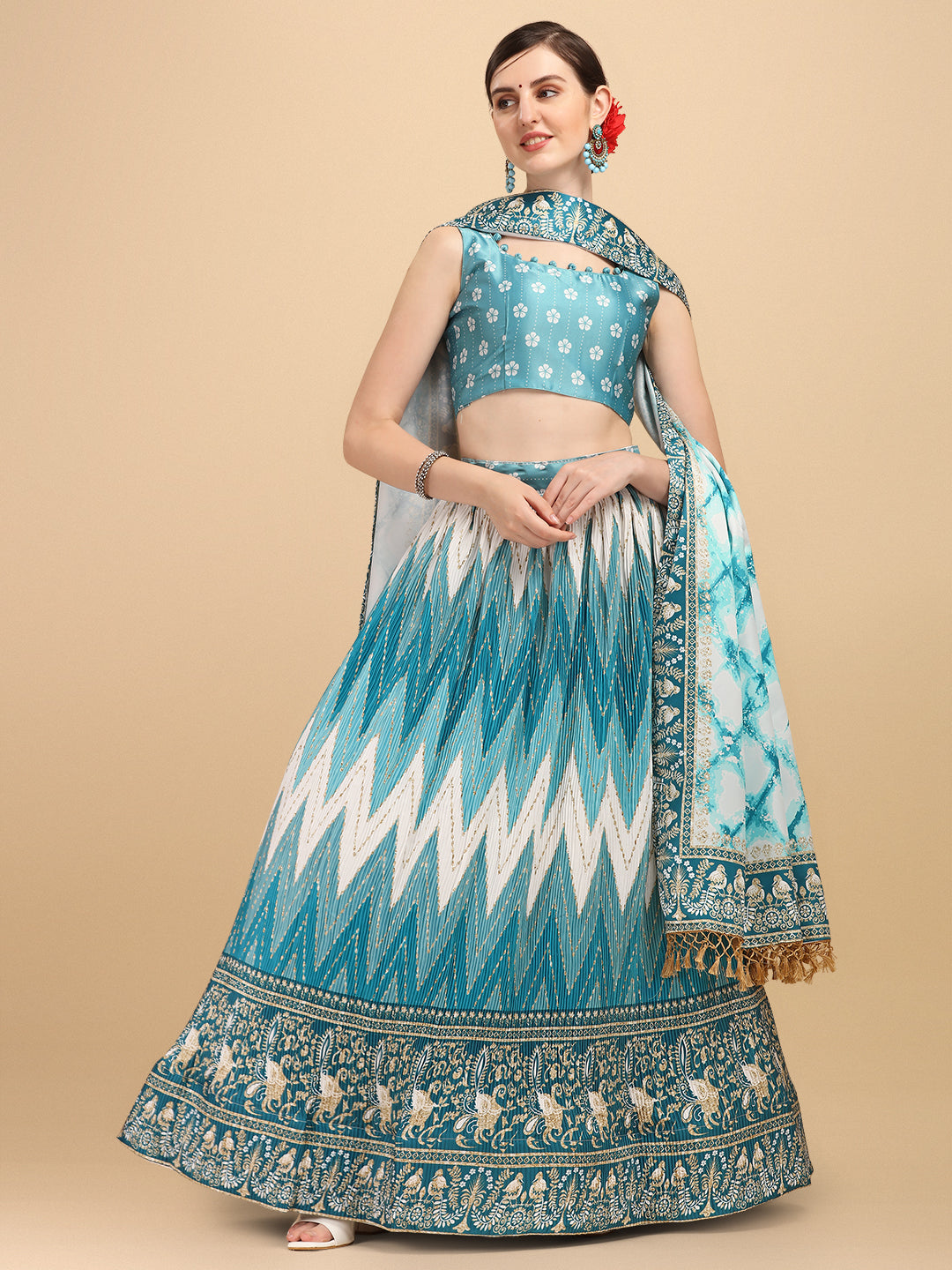 Digital Printed Sky Blue Color Crushed Lehenga Choli