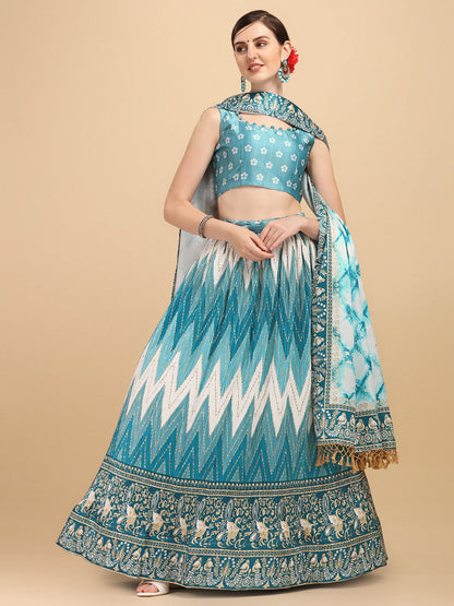 Digital Printed Sky Blue Color Crushed Lehenga Choli
