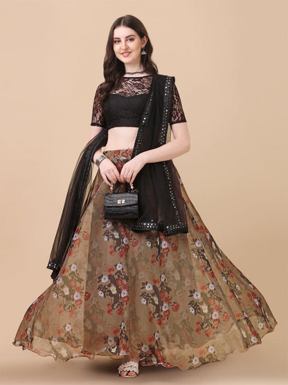 Digital Printed Brown Color Organza Lehenga Choli