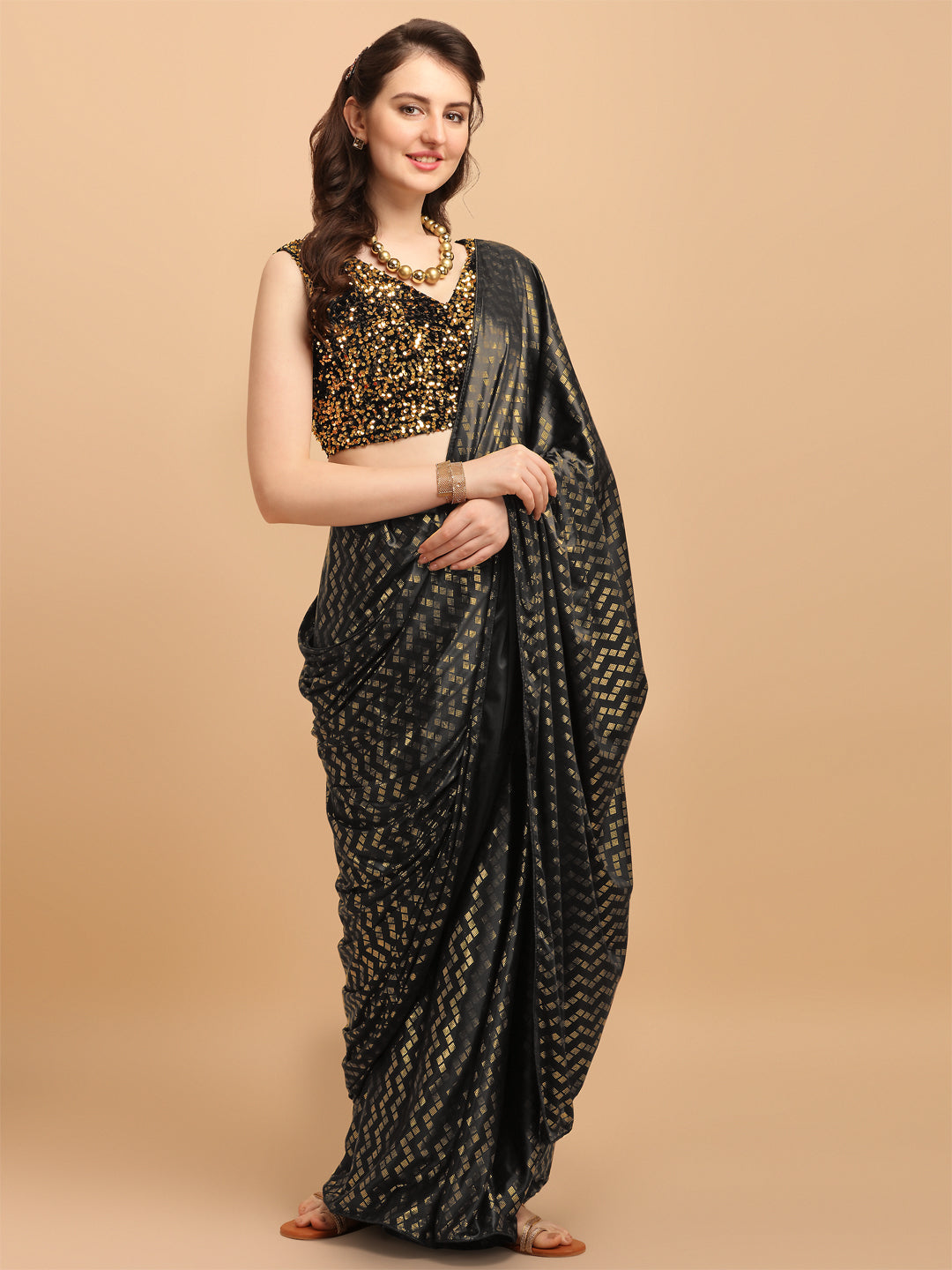 Black Malai Silk Saree With Sequences Blouse