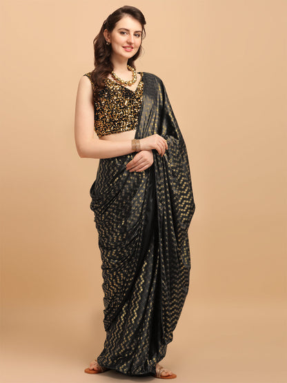 Black Malai Silk Saree With Sequences Blouse