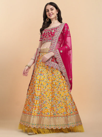 Pink With Yellow Color Sequence Embroidered Work Silk Lehenga Choli