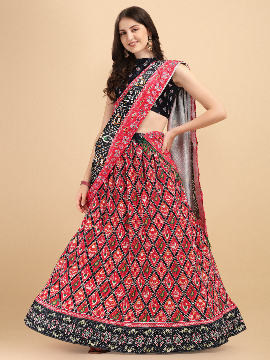 Exotic Pink & Black Color Digital Printed Crushed Lehenga Choli