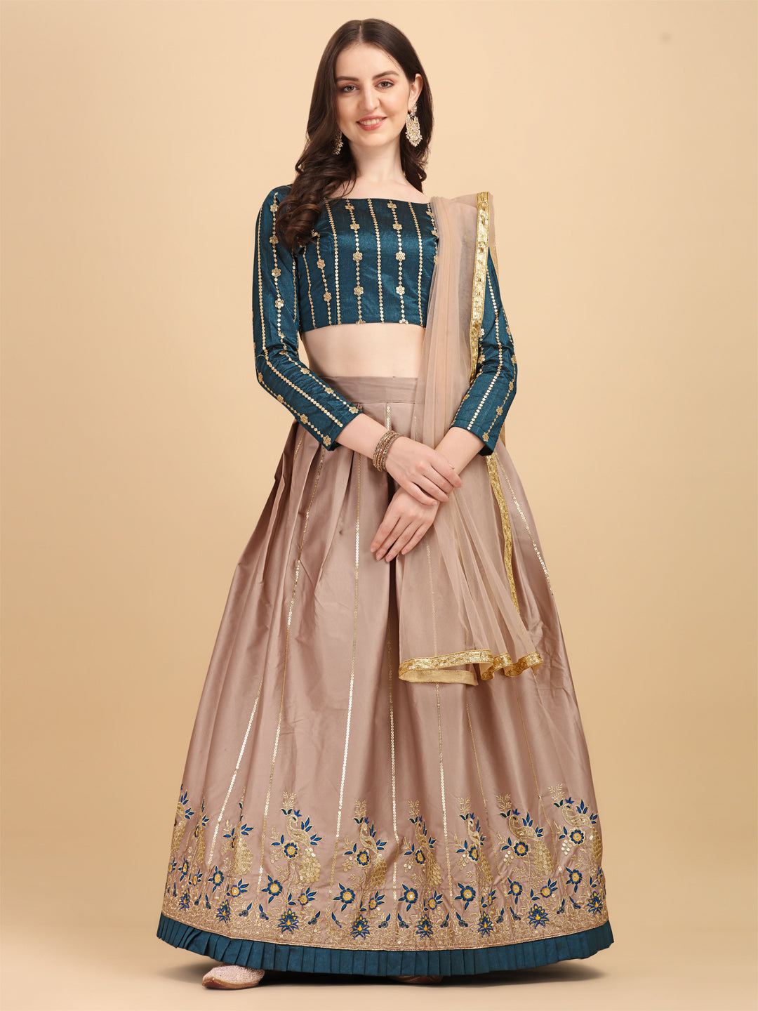 Designer Rosy Brown Color Embroidered Phantom Silk Lehenga Choli