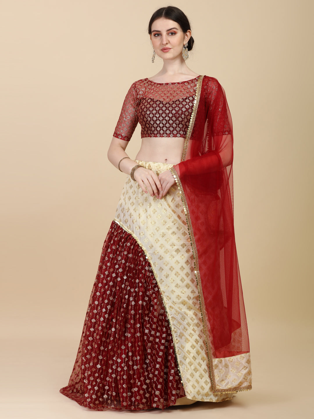Ruffle Style Beige & Maroon Color Chinon Satin With Net Lehenga Choli