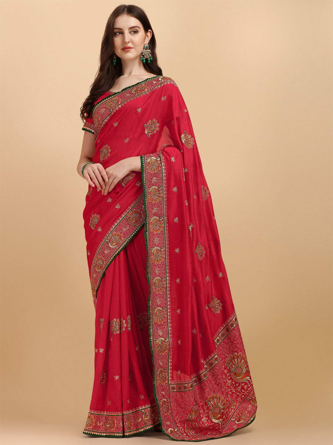 Party Wear Red Color Embroidered Work Vichitra Silk Saree