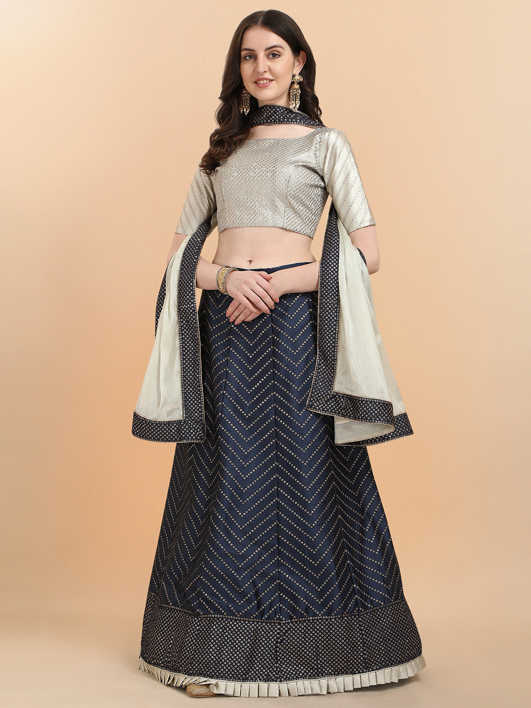 Navy Blue With Beige Color Sequence Work Satin Silk Lehenga Choli