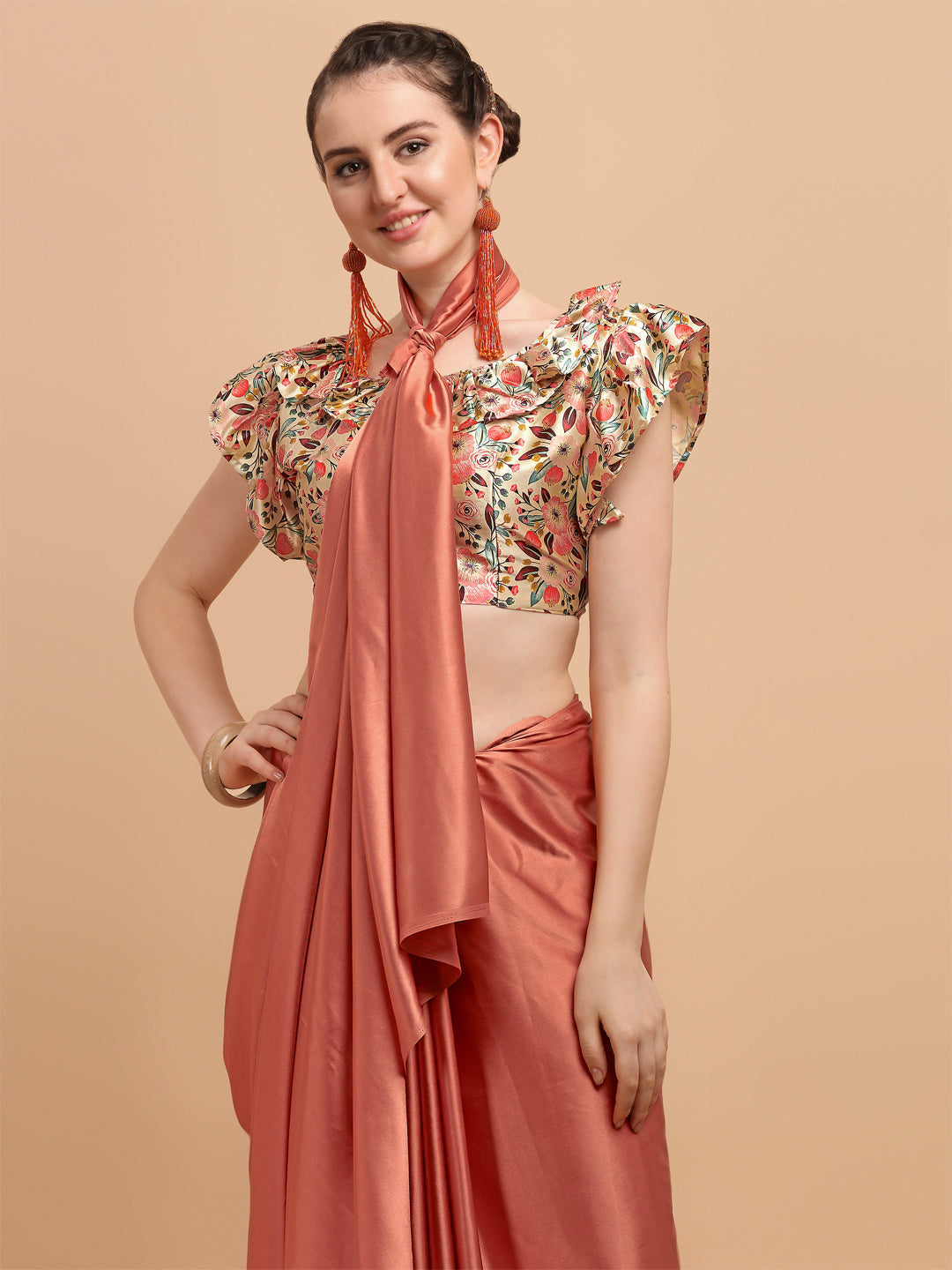 Awesome Tomato Color Silk Saree With Printed Blouse
