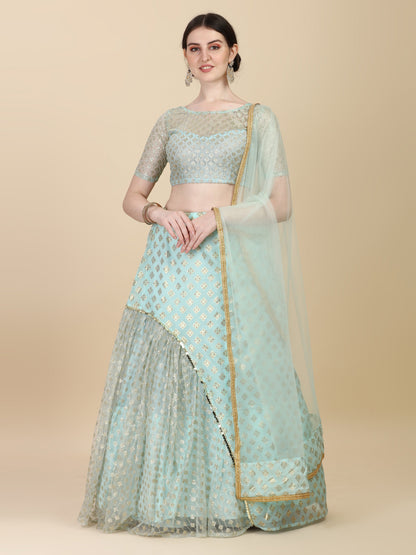 Ruffle Style Sky Blue Color Chinon Satin With Net Lehenga Choli