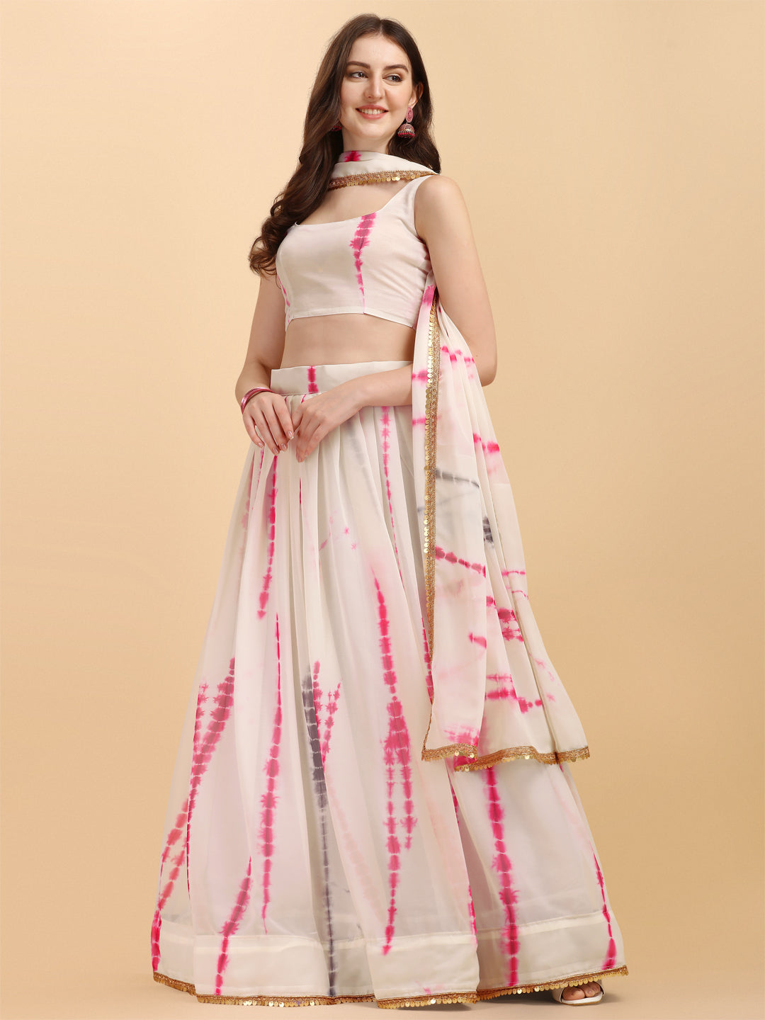 White And Pink Color Shibori Print Lehenga Choli