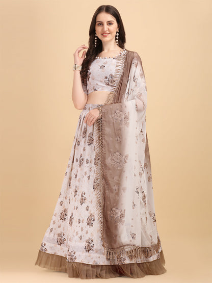 Brown Color Crochet Sequence Work Floral Printed Crushed Lehenga Choli