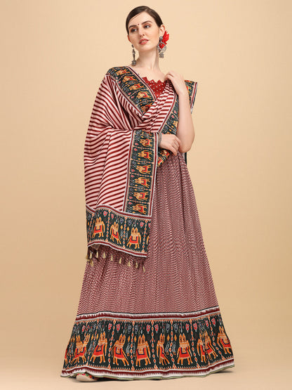 Digital Printed Maroon Color Crushed Lehenga Choli