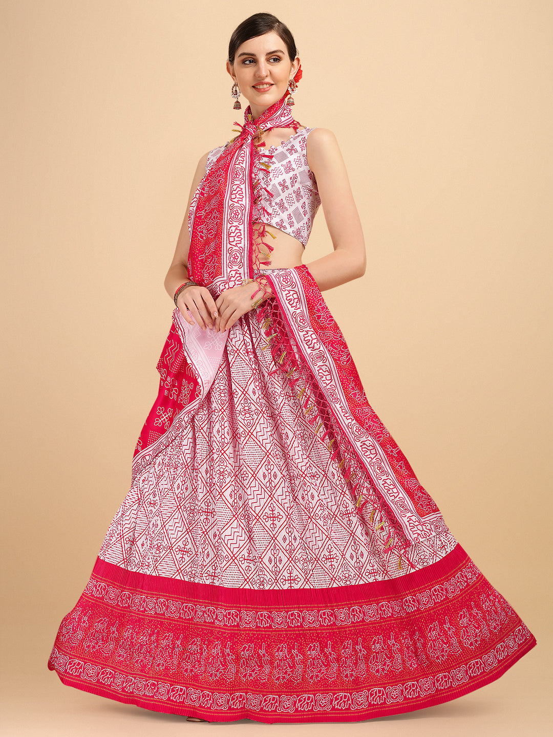 White & Pink Color Digital Printed Crushed Lehenga Choli