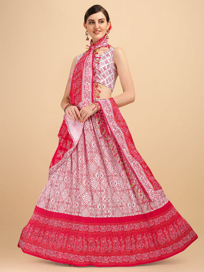 White & Pink Color Digital Printed Crushed Lehenga Choli