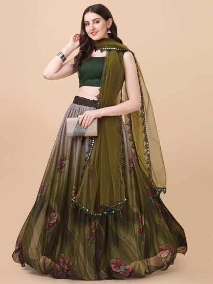 Digital Printed Mehndi Green Color Lycra Lehenga Choli