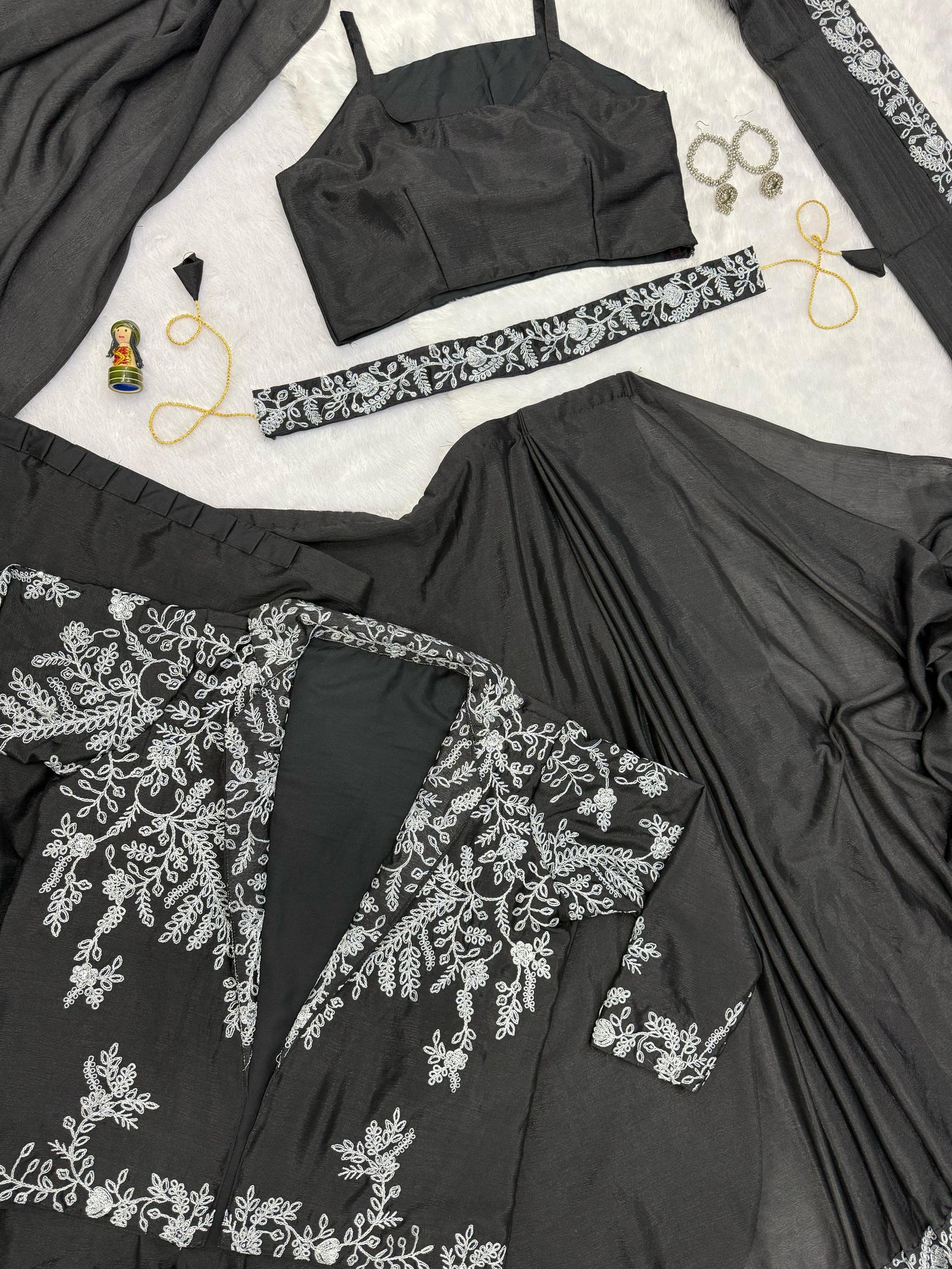 Designer Black Color Embroidery Work Saree With Koti