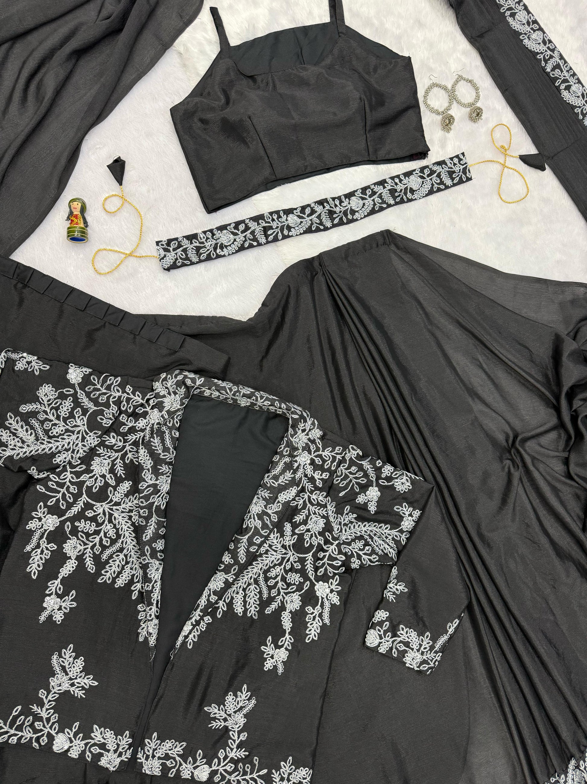 Designer Black Color Embroidery Work Saree With Koti