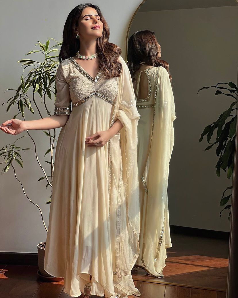 Fancy Embroidery Chikankari Work Off White Color Gown