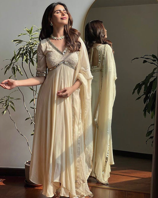 Fancy Embroidery Chikankari Work Off White Color Gown