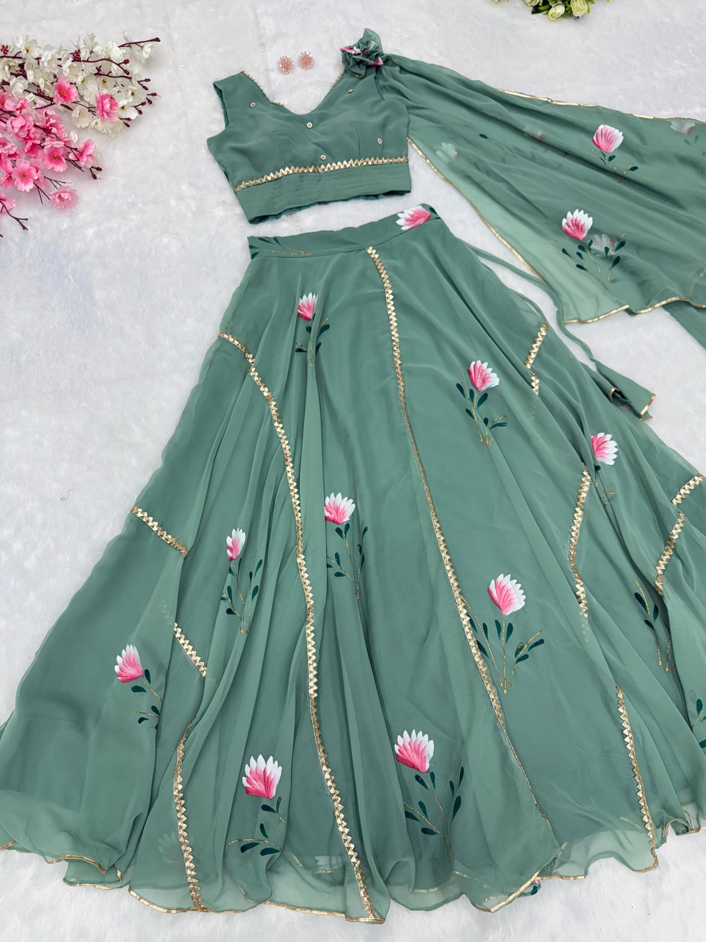 Awesome Georgette Sky Blue Color Top With Lehenga