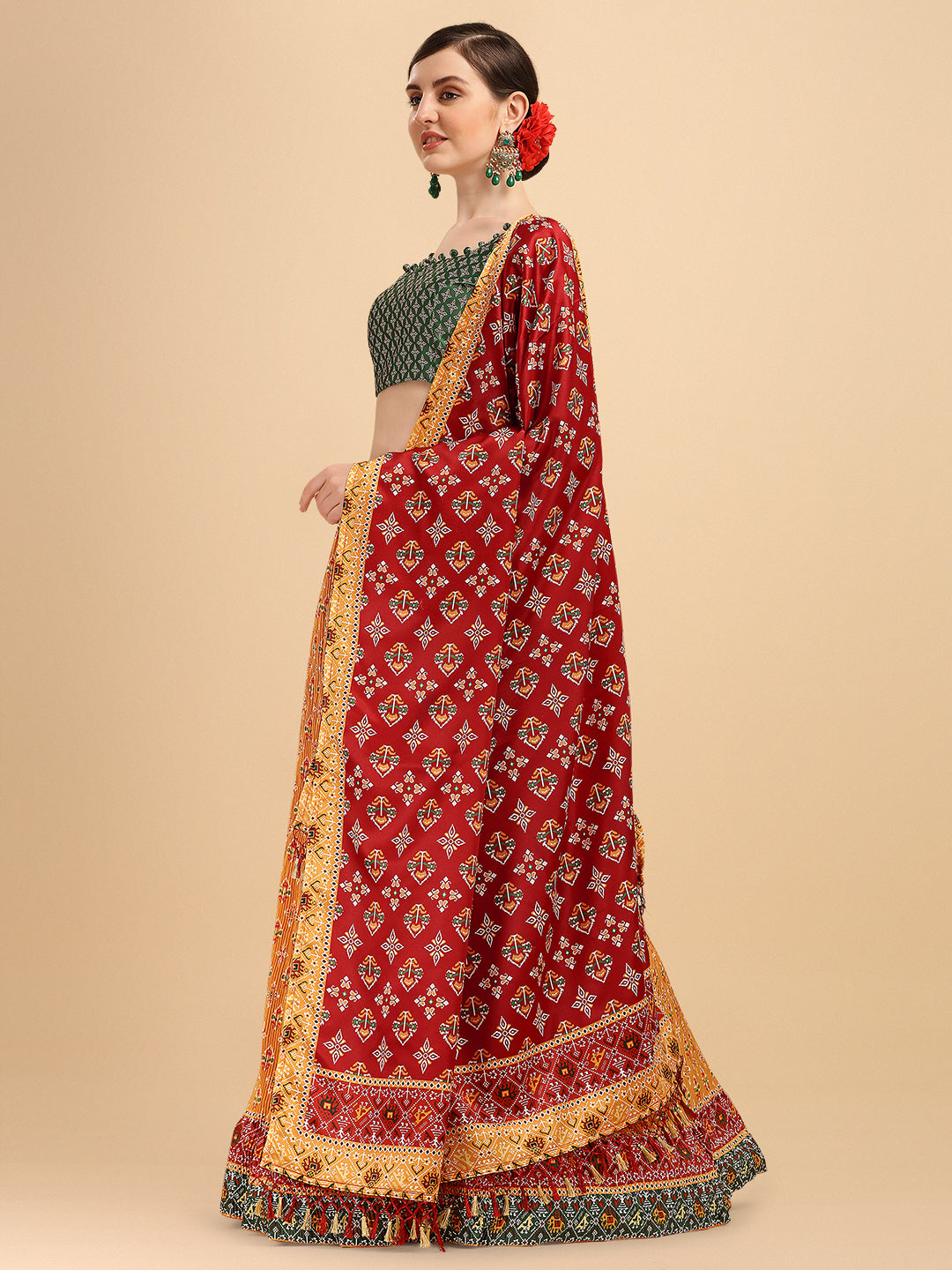 Mustard & Green Color Digital Printed Crushed Lehenga Choli