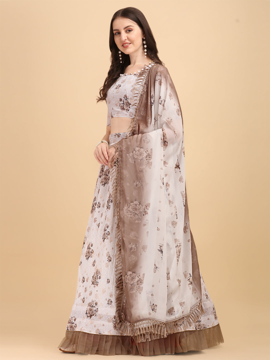 Brown Color Crochet Sequence Work Floral Printed Crushed Lehenga Choli