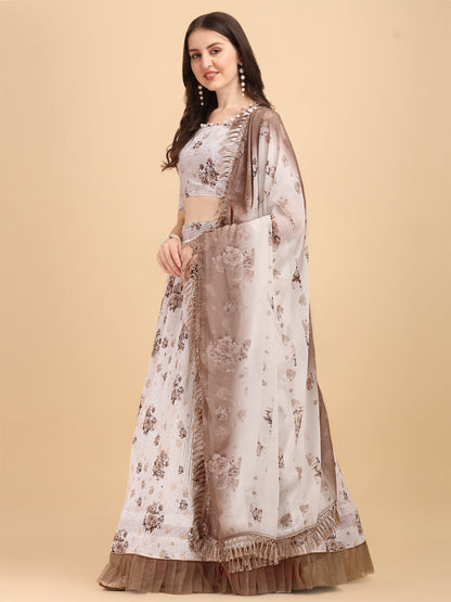 Brown Color Crochet Sequence Work Floral Printed Crushed Lehenga Choli