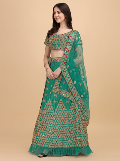 Designer Green Color Sequence & Mirror Work Satin Silk Lehenga choli