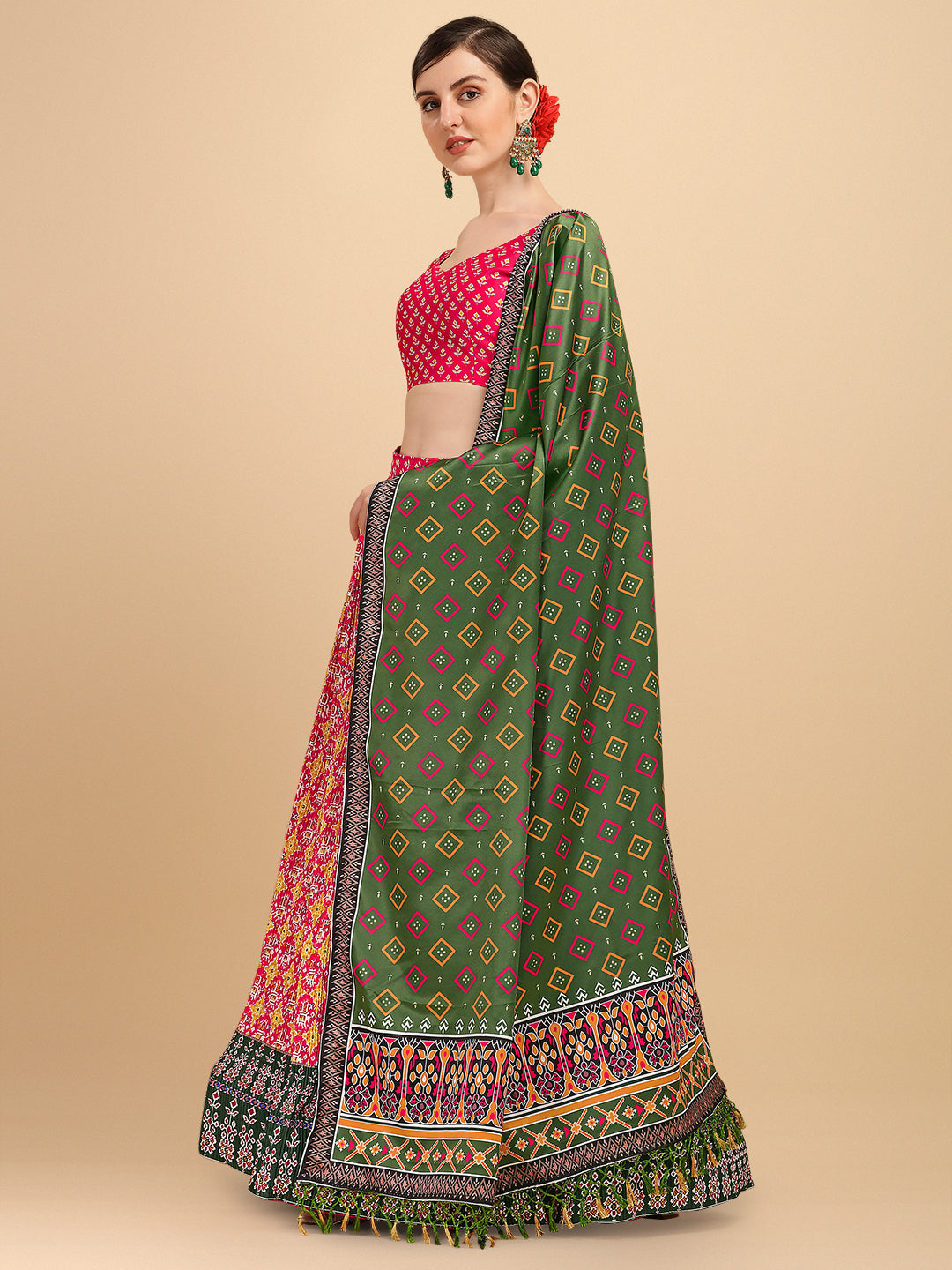 Pink & Olive Green Color Digital Printed Crushed Lehenga Choli