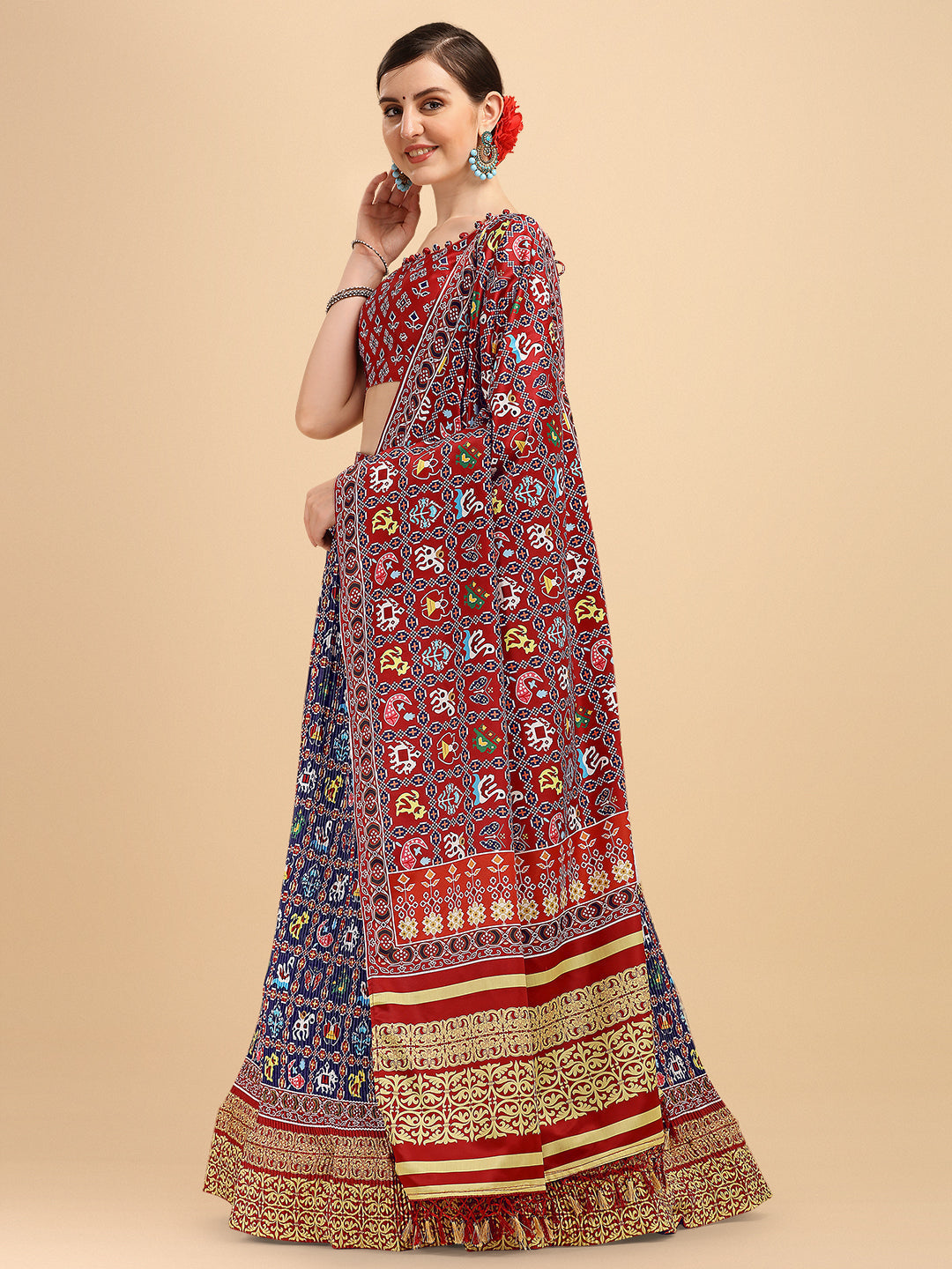 Digital Printed Awesome Navy Blue & Red Color Crushed Lehenga Choli