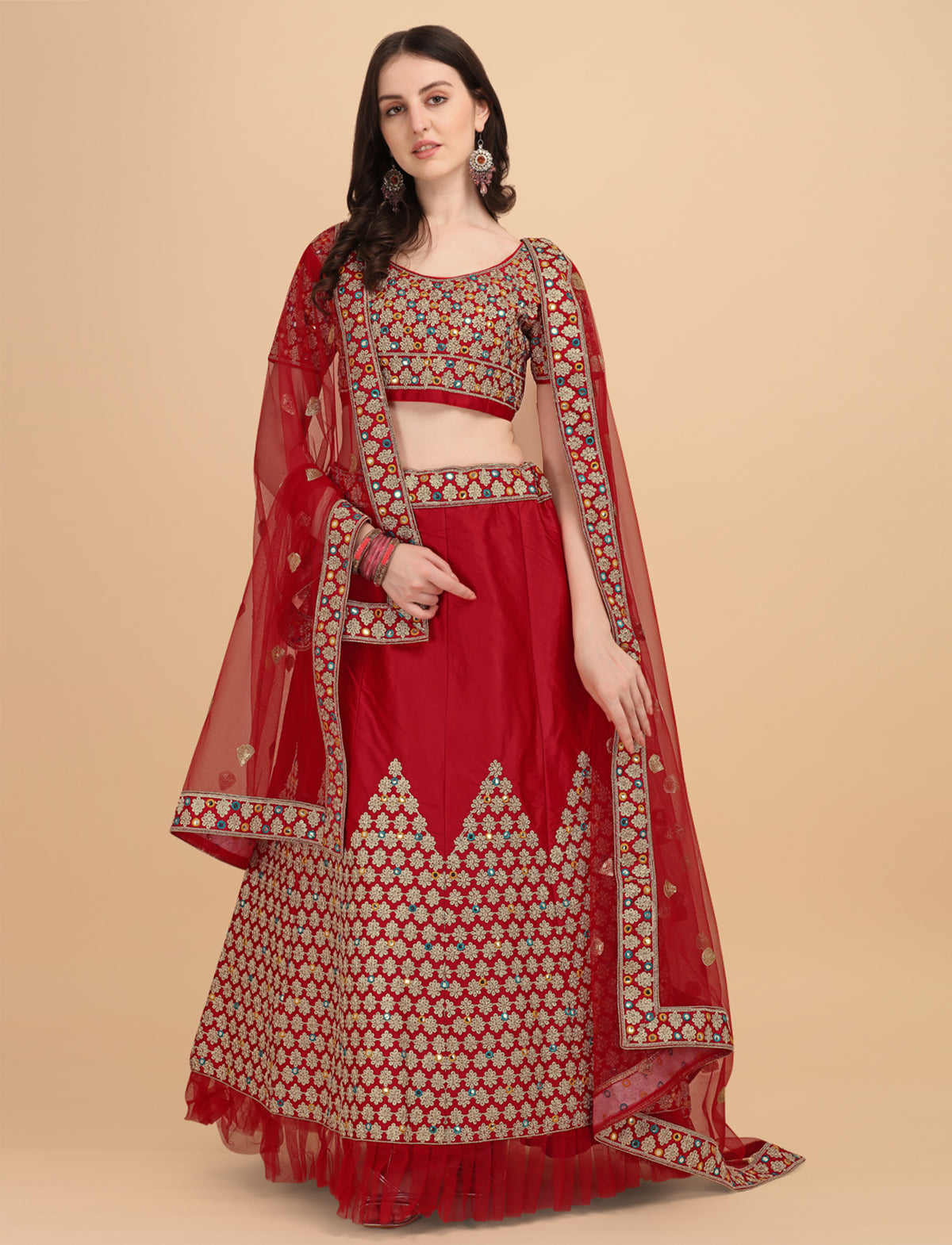 Designer Red Color Sequence & Mirror Work Satin Silk Lehenga choli