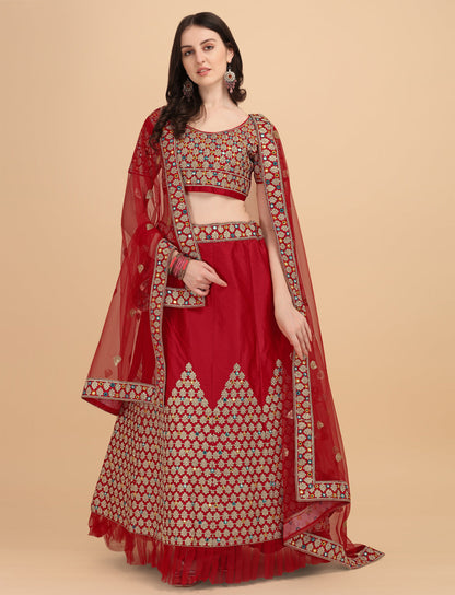 Designer Red Color Sequence & Mirror Work Satin Silk Lehenga choli