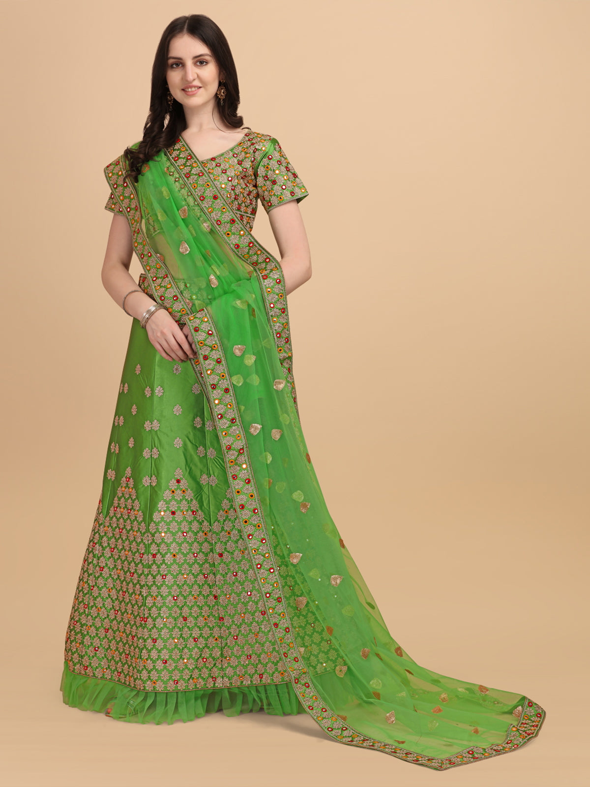 Designer Light Green Color Sequence & Mirror Work Satin Silk Lehenga choli