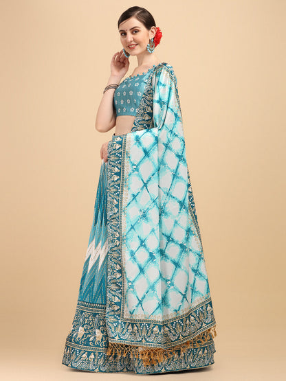 Digital Printed Sky Blue Color Crushed Lehenga Choli